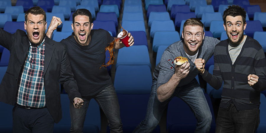A League Of Their Own. Image shows from L to R: James Corden, Jamie Redknapp, Andrew Flintoff, Jack Whitehall. Copyright: CPL Productions. A League Of Their Own. Image shows from L to R: James Corden, Jamie Redknapp, Andrew Flintoff, Jack Whitehall. Copyright: CPL Productions.