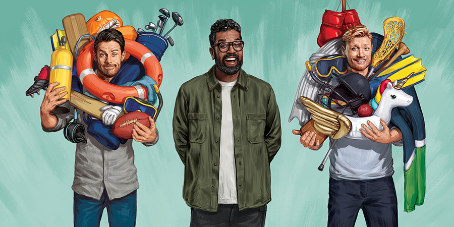 A League Of Their Own. Image shows from L to R: Jamie Redknapp, Romesh Ranganathan, Andrew Flintoff. Copyright: CPL Productions. A League Of Their Own. Image shows from L to R: Jamie Redknapp, Romesh Ranganathan, Andrew Flintoff. Copyright: CPL Productions.