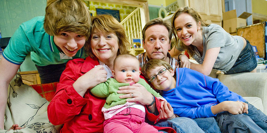 Life Of Riley. Image shows from L to R: Danny Riley (Taylor Fawcett), Maddy Riley (Caroline Quentin), Ted Jackson (Patrick Nolan), Jim Riley (Neil Dudgeon), Katy Riley (Lucinda Dryzek). Copyright: Catherine Bailey Productions Limited. Life Of Riley. Image shows from L to R: Danny Riley (Taylor Fawcett), Maddy Riley (Caroline Quentin), Ted Jackson (Patrick Nolan), Jim Riley (Neil Dudgeon), Katy Riley (Lucinda Dryzek). Copyright: Catherine Bailey Productions Limited.