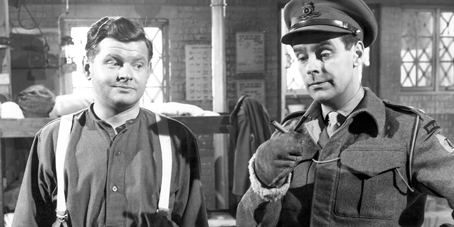 Light Up The Sky!. Image shows from L to R: Gunner Syd McCaffey (Benny Hill), Lt. Ogleby (Ian Carmichael). Light Up The Sky!. Image shows from L to R: Gunner Syd McCaffey (Benny Hill), Lt. Ogleby (Ian Carmichael).