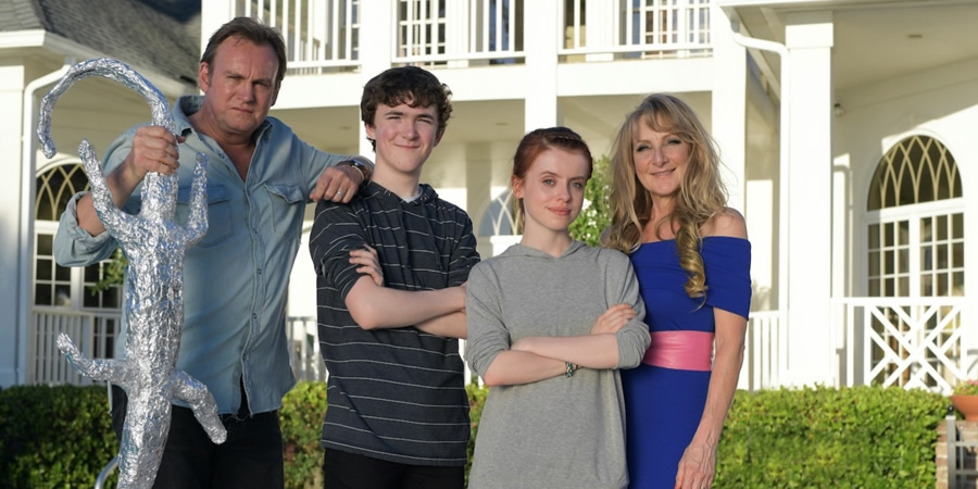 Living The Dream. Image shows from L to R: Mal Pemberton (Philip Glenister), Freddie Pemberton (Brenock O'Connor), Tina Pemberton (Rosie Day), Jen Pemberton (Lesley Sharp). Living The Dream. Image shows from L to R: Mal Pemberton (Philip Glenister), Freddie Pemberton (Brenock O'Connor), Tina Pemberton (Rosie Day), Jen Pemberton (Lesley Sharp).
