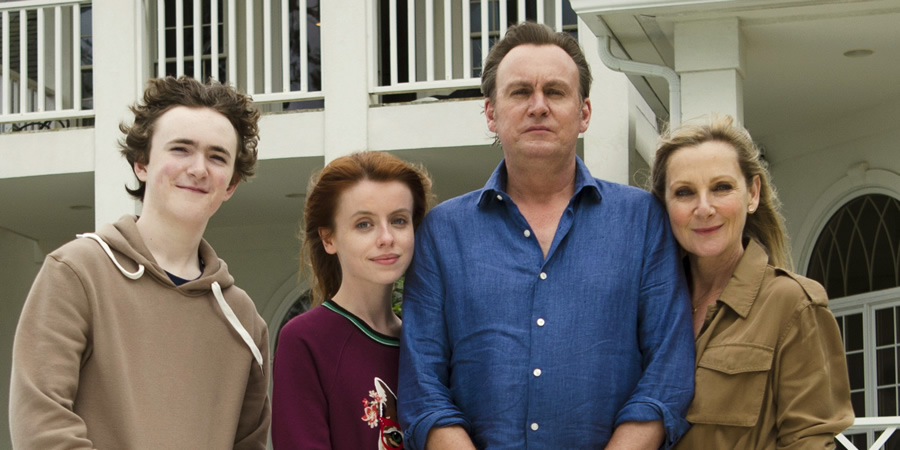 Living The Dream. Image shows from L to R: Freddie Pemberton (Brenock O'Connor), Tina Pemberton (Rosie Day), Mal Pemberton (Philip Glenister), Jen Pemberton (Lesley Sharp). Copyright: Big Talk Productions. Living The Dream. Image shows from L to R: Freddie Pemberton (Brenock O'Connor), Tina Pemberton (Rosie Day), Mal Pemberton (Philip Glenister), Jen Pemberton (Lesley Sharp). Copyright: Big Talk Productions.