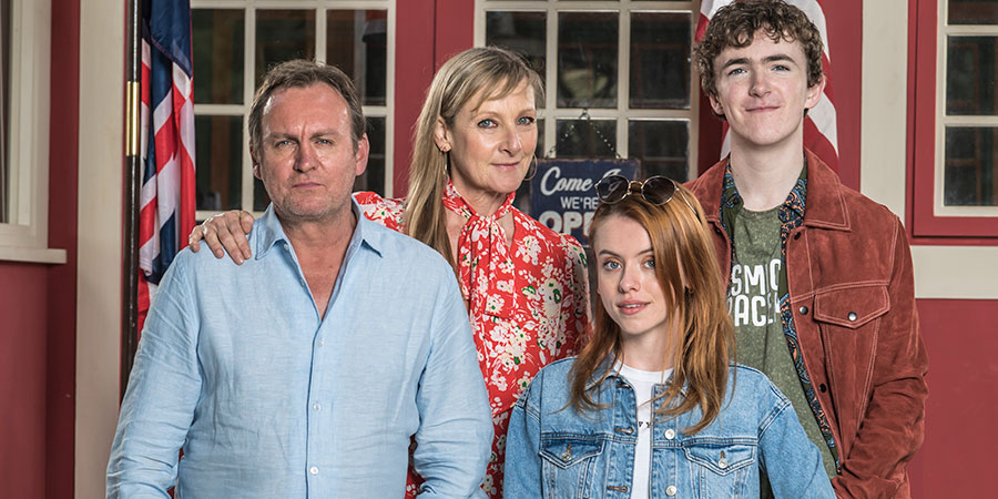 Living The Dream. Image shows from L to R: Mal Pemberton (Philip Glenister), Jen Pemberton (Lesley Sharp), Tina Pemberton (Rosie Day), Freddie Pemberton (Brenock O'Connor). Copyright: Big Talk Productions. Living The Dream. Image shows from L to R: Mal Pemberton (Philip Glenister), Jen Pemberton (Lesley Sharp), Tina Pemberton (Rosie Day), Freddie Pemberton (Brenock O'Connor). Copyright: Big Talk Productions.