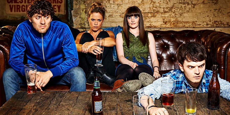 London Irish. Image shows from L to R: Packy (Peter Campion), Bronagh (Sinead Keenan), Niamh (Kat Reagan), Conor (Kerr Logan). Copyright: Company Pictures. London Irish. Image shows from L to R: Packy (Peter Campion), Bronagh (Sinead Keenan), Niamh (Kat Reagan), Conor (Kerr Logan). Copyright: Company Pictures.