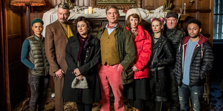 Long Night At Blackstone. Image shows from L to R: Diane (Natali McLeary), Pat Tomorrow (John Gordon Sinclair), Faye Bowers (Lorraine McIntosh), Laird of Blackstone (John Michie), Dominique (Julie Wilson Nimmo), Susie (Lorna Craig), Charlie (Lewis Howden), Toby (Michael Abubakar). Long Night At Blackstone. Image shows from L to R: Diane (Natali McLeary), Pat Tomorrow (John Gordon Sinclair), Faye Bowers (Lorraine McIntosh), Laird of Blackstone (John Michie), Dominique (Julie Wilson Nimmo), Susie (Lorna Craig), Charlie (Lewis Howden), Toby (Michael Abubakar).