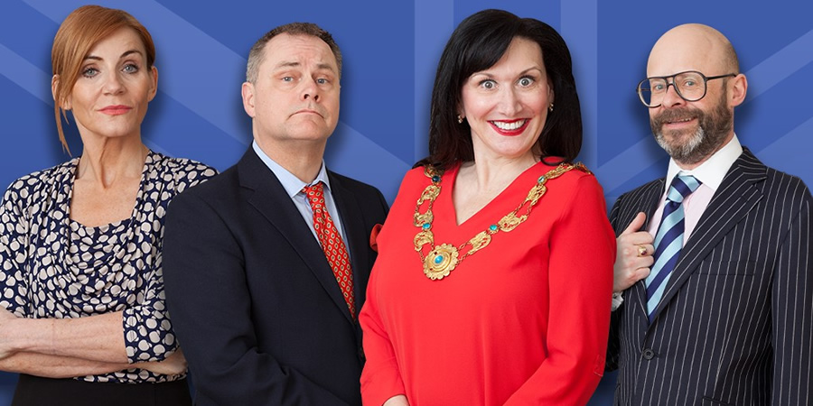 Madam Mayor. Image shows from L to R: Denise (Michelle Collins), Tim (Jack Dee), Lizzie (Brenda Gilhooly), Roger (Harry Hill). Madam Mayor. Image shows from L to R: Denise (Michelle Collins), Tim (Jack Dee), Lizzie (Brenda Gilhooly), Roger (Harry Hill).