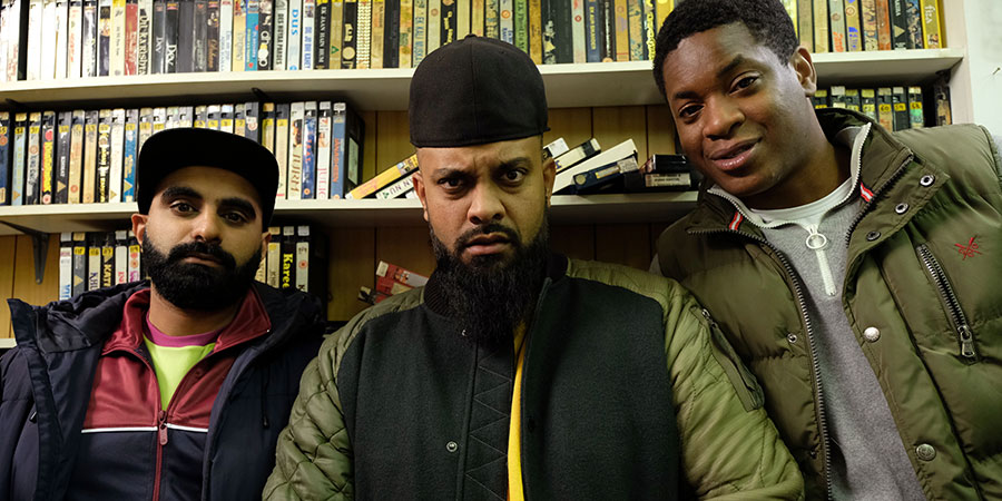 Man Like Mobeen. Image shows from L to R: Eight (Tez Ilyas), Mobeen (Guz Khan), Nate (Tolulope Ogunmefun). Copyright: Tiger Aspect Productions. Man Like Mobeen. Image shows from L to R: Eight (Tez Ilyas), Mobeen (Guz Khan), Nate (Tolulope Ogunmefun). Copyright: Tiger Aspect Productions.