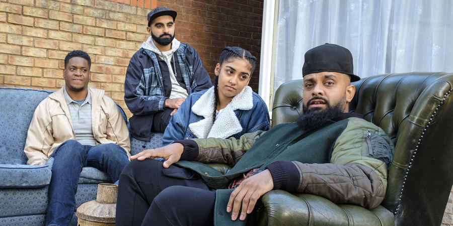 Man Like Mobeen. Image shows from L to R: Nate (Tolulope Ogunmefun), Eight (Tez Ilyas), Aks (Duaa Karim), Mobeen (Guz Khan). Man Like Mobeen. Image shows from L to R: Nate (Tolulope Ogunmefun), Eight (Tez Ilyas), Aks (Duaa Karim), Mobeen (Guz Khan).