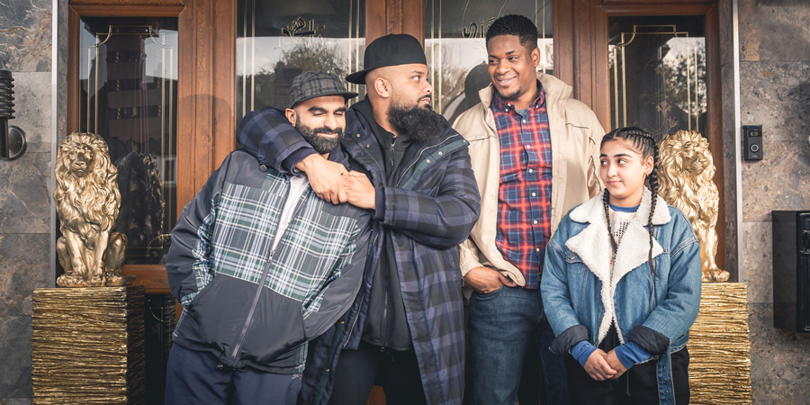 Man Like Mobeen. Image shows from L to R: Eight (Tez Ilyas), Mobeen (Guz Khan), Nate (Tolulope Ogunmefun), Aks (Duaa Karim). Man Like Mobeen. Image shows from L to R: Eight (Tez Ilyas), Mobeen (Guz Khan), Nate (Tolulope Ogunmefun), Aks (Duaa Karim).