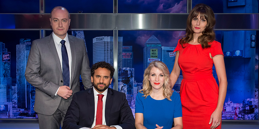 The Mash Report. Image shows from L to R: Newsreader Tom (Steve N Allen), Nish Kumar, Rachel / Emma (Rachel Parris), Newsreader Susan (Ellie Taylor). The Mash Report. Image shows from L to R: Newsreader Tom (Steve N Allen), Nish Kumar, Rachel / Emma (Rachel Parris), Newsreader Susan (Ellie Taylor).