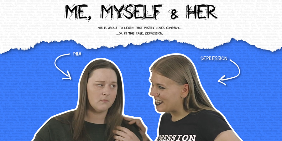 Me, Myself & Her. Image shows from L to R: Mia (Katherine Foxworthy), Depression (Annina Kaski). Me, Myself & Her. Image shows from L to R: Mia (Katherine Foxworthy), Depression (Annina Kaski).