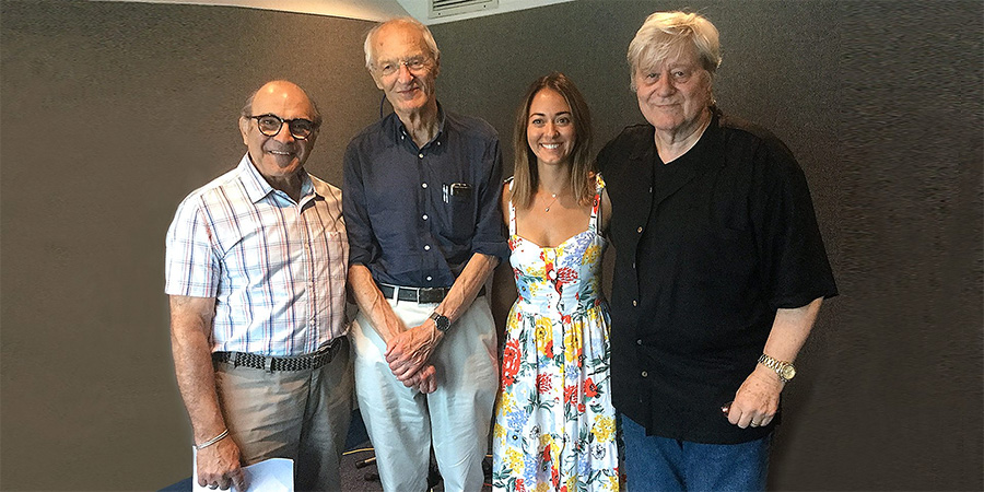 Michael Frayn's Magic Mobile. Image shows from L to R: David Suchet, Michael Frayn, Susannah Fielding, Martin Jarvis. Copyright: Jarvis and Ayres Productions. Michael Frayn's Magic Mobile. Image shows from L to R: David Suchet, Michael Frayn, Susannah Fielding, Martin Jarvis. Copyright: Jarvis and Ayres Productions.