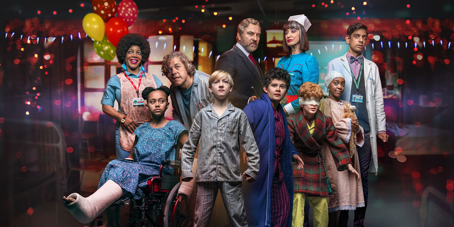 The Midnight Gang. Image shows from L to R: Tootsie (Jocelyn Jee Esien), Amber (India Brown), Porter (Alan Davies), Tom (Oliver Zetterstrom), Headmaster (David Walliams), George (Jordan Cramond), Matron (Haydn Gwynne), Robin (Josh Gottlieb), Sally (Zaris Angel Hator), Dr Luppers (Amit Shah). Copyright: King Bert Productions. The Midnight Gang. Image shows from L to R: Tootsie (Jocelyn Jee Esien), Amber (India Brown), Porter (Alan Davies), Tom (Oliver Zetterstrom), Headmaster (David Walliams), George (Jordan Cramond), Matron (Haydn Gwynne), Robin (Josh Gottlieb), Sally (Zaris Angel Hator), Dr Luppers (Amit Shah). Copyright: King Bert Productions.