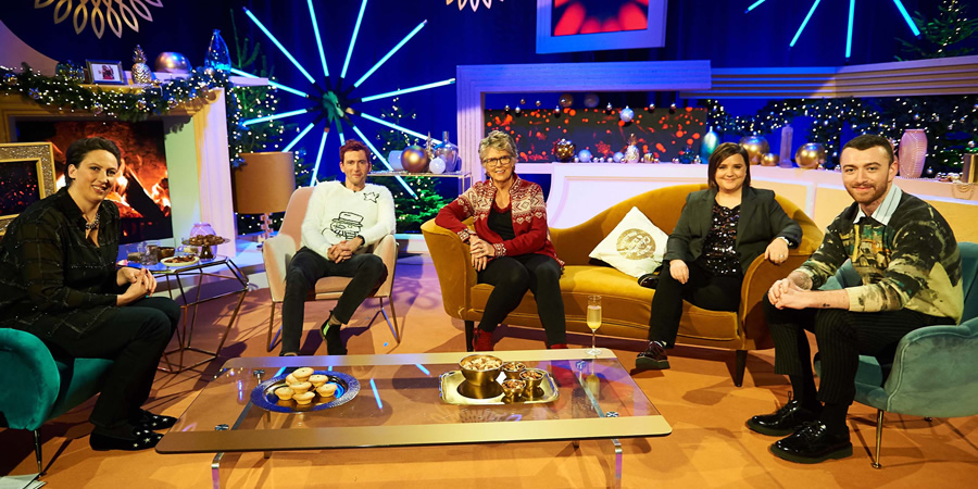 Miranda Does Christmas. Image shows from L to R: Miranda Hart, David Tennant, Prue Leith, Susan Calman, Sam Smith. Miranda Does Christmas. Image shows from L to R: Miranda Hart, David Tennant, Prue Leith, Susan Calman, Sam Smith.