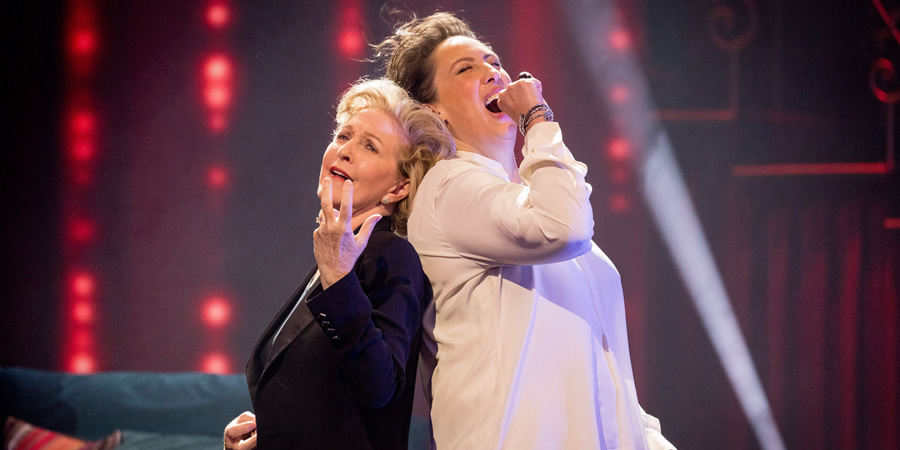 Miranda: My Such Fun Celebration. Image shows from L to R: Patricia Hodge, Miranda Hart. Copyright: Monkey Kingdom. Miranda: My Such Fun Celebration. Image shows from L to R: Patricia Hodge, Miranda Hart. Copyright: Monkey Kingdom.