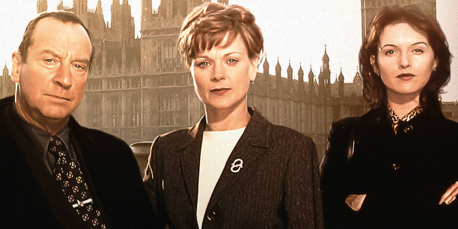 Mr White Goes To Westminster. Image shows from L to R: Ben White (Bill Paterson), Helen Nash (Samantha Bond), Pam (Dervla Kirwan). Copyright: Hat Trick Productions. Mr White Goes To Westminster. Image shows from L to R: Ben White (Bill Paterson), Helen Nash (Samantha Bond), Pam (Dervla Kirwan). Copyright: Hat Trick Productions.