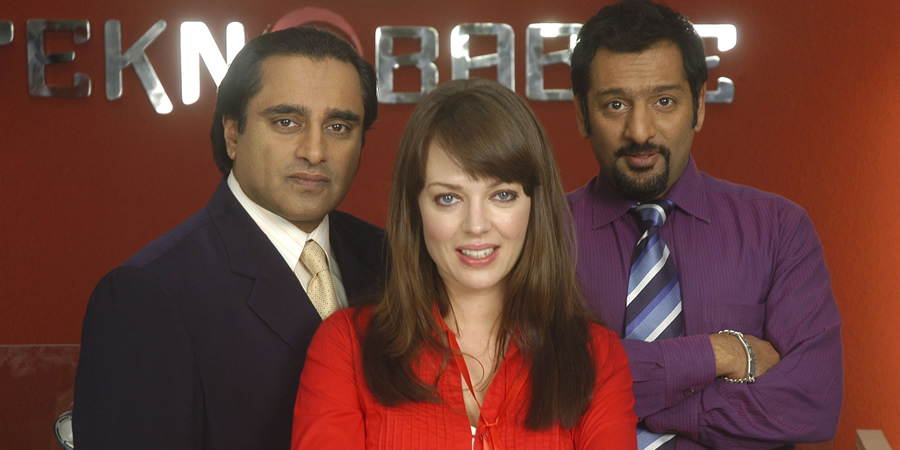 Mumbai Calling. Image shows from L to R: Kenny Gupta (Sanjeev Bhaskar), Terri Johnson (Daisy Beaumont), Dev (Nitin Ganatra). Copyright: Allan McKeown Presents. Mumbai Calling. Image shows from L to R: Kenny Gupta (Sanjeev Bhaskar), Terri Johnson (Daisy Beaumont), Dev (Nitin Ganatra). Copyright: Allan McKeown Presents.