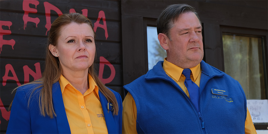 Murder, They Hope. Image shows from L to R: Gemma (Sian Gibson), Terry (Johnny Vegas). Murder, They Hope. Image shows from L to R: Gemma (Sian Gibson), Terry (Johnny Vegas).