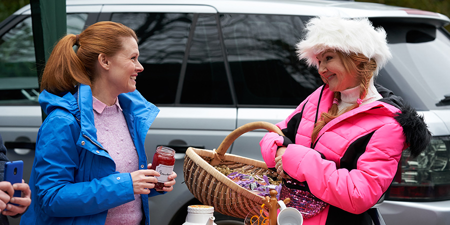 Murder, They Hope. Image shows from L to R: Gemma (Sian Gibson), Monica (Sarah Hadland). Copyright: Shiny Button Productions. Murder, They Hope. Image shows from L to R: Gemma (Sian Gibson), Monica (Sarah Hadland). Copyright: Shiny Button Productions.