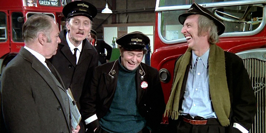 Mutiny On The Buses. Image shows from L to R: Mr. Jenkins (Kevin Brennan), Inspector Cyril 'Blakey' Blake (Stephen Lewis), Stan Butler (Reg Varney), Jack Harper (Bob Grant). Copyright: STUDIOCANAL. Mutiny On The Buses. Image shows from L to R: Mr. Jenkins (Kevin Brennan), Inspector Cyril 'Blakey' Blake (Stephen Lewis), Stan Butler (Reg Varney), Jack Harper (Bob Grant). Copyright: STUDIOCANAL.
