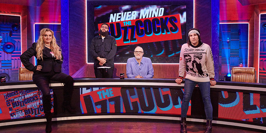 Never Mind The Buzzcocks. Image shows from L to R: Daisy May Cooper, Jamali Maddix, Greg Davies, Noel Fielding. Never Mind The Buzzcocks. Image shows from L to R: Daisy May Cooper, Jamali Maddix, Greg Davies, Noel Fielding.