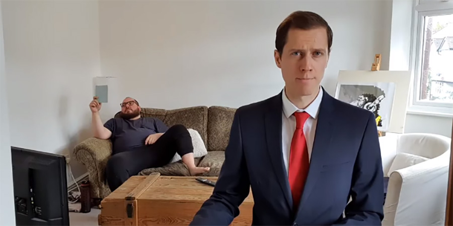 News At Now. Image shows from L to R: Josh Harvey, Richard Pudding (Adam Elliott). News At Now. Image shows from L to R: Josh Harvey, Richard Pudding (Adam Elliott).