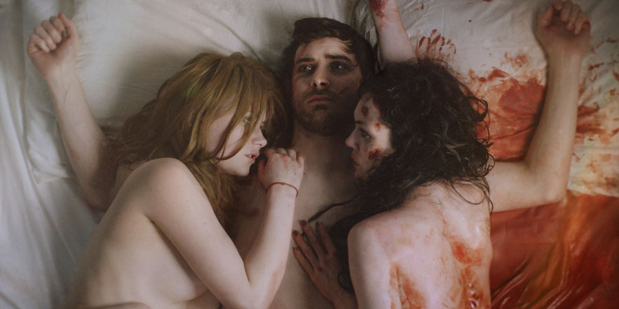 Nina Forever. Image shows from L to R: Holly (Abigail Hardingham), Rob (Cian Barry), Nina (Fiona O'Shaughnessy). Nina Forever. Image shows from L to R: Holly (Abigail Hardingham), Rob (Cian Barry), Nina (Fiona O'Shaughnessy).