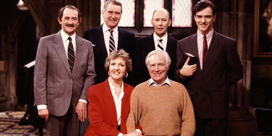 No Job For A Lady. Image shows from L to R: Ken Miller (Paul Young), Sir Godfrey Eagan (George Baker), Jean Price (Penelope Keith), Geoff (Mark Kingston), Norman (Garfield Morgan), Tim (Jonathan Dow). Copyright: Thames Television. No Job For A Lady. Image shows from L to R: Ken Miller (Paul Young), Sir Godfrey Eagan (George Baker), Jean Price (Penelope Keith), Geoff (Mark Kingston), Norman (Garfield Morgan), Tim (Jonathan Dow). Copyright: Thames Television.