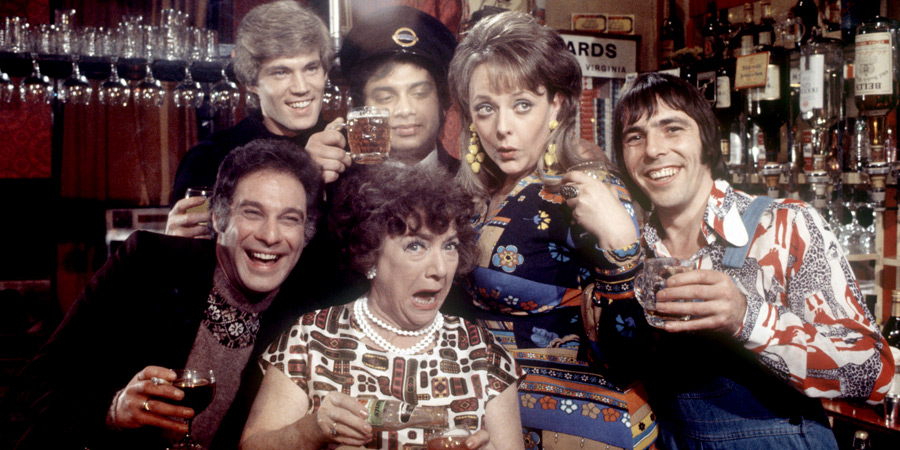Not On Your Nellie. Image shows from L to R: George (David Rayner), Gilbert (Roger Howlett), Ali (Azad Ali), Nelie Pickersgill (Hylda Baker), Beryl (Alexandra Dane), Charlie (Leo Dolan). Copyright: London Weekend Television / Rex. Not On Your Nellie. Image shows from L to R: George (David Rayner), Gilbert (Roger Howlett), Ali (Azad Ali), Nelie Pickersgill (Hylda Baker), Beryl (Alexandra Dane), Charlie (Leo Dolan). Copyright: London Weekend Television / Rex.
