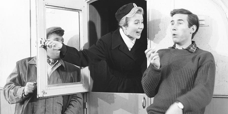 Nurse On Wheels. Image shows from L to R: George Judd (Norman Rossington), Nurse Joanna Jones (Juliet Mills), Tim Taylor (Jim Dale). Copyright: Peter Rogers Productions. Nurse On Wheels. Image shows from L to R: George Judd (Norman Rossington), Nurse Joanna Jones (Juliet Mills), Tim Taylor (Jim Dale). Copyright: Peter Rogers Productions.