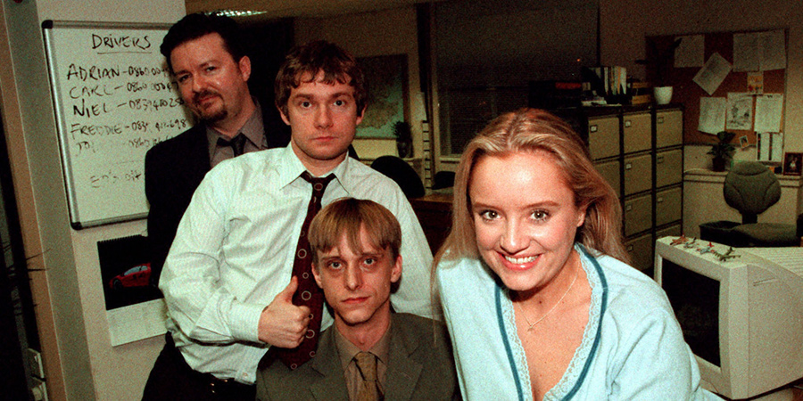 The Office. Image shows from L to R: David Brent (Ricky Gervais), Tim Canterbury (Martin Freeman), Gareth Keenan (Mackenzie Crook), Dawn Tinsley (Lucy Davis). Copyright: BBC. The Office. Image shows from L to R: David Brent (Ricky Gervais), Tim Canterbury (Martin Freeman), Gareth Keenan (Mackenzie Crook), Dawn Tinsley (Lucy Davis). Copyright: BBC.