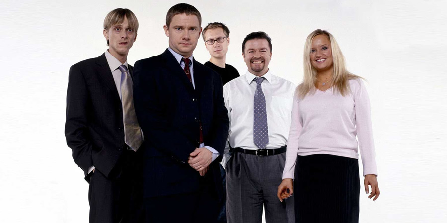 The Office. Image shows from L to R: Gareth Keenan (Mackenzie Crook), Tim Canterbury (Martin Freeman), Stephen Merchant, David Brent (Ricky Gervais), Dawn Tinsley (Lucy Davis). Copyright: BBC. The Office. Image shows from L to R: Gareth Keenan (Mackenzie Crook), Tim Canterbury (Martin Freeman), Stephen Merchant, David Brent (Ricky Gervais), Dawn Tinsley (Lucy Davis). Copyright: BBC.