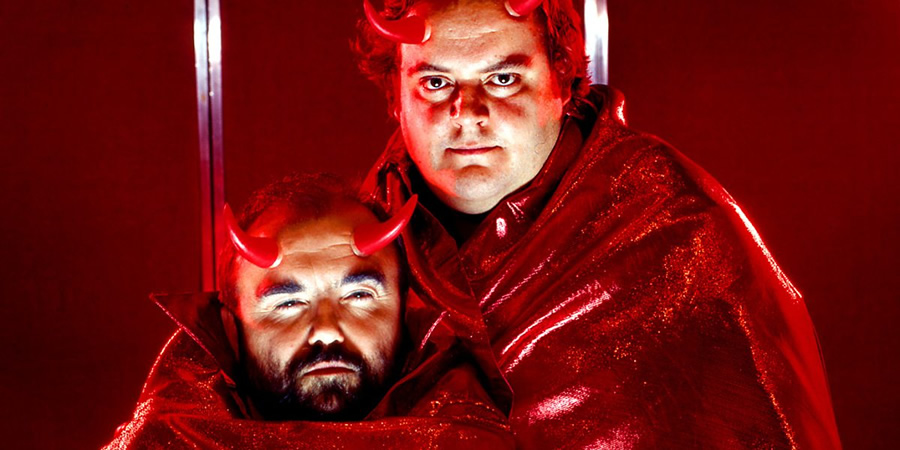 Old Harry's Game. Image shows from L to R: Satan (Andy Hamilton), Gary (Steven O'Donnell). Copyright: BBC. Old Harry's Game. Image shows from L to R: Satan (Andy Hamilton), Gary (Steven O'Donnell). Copyright: BBC.