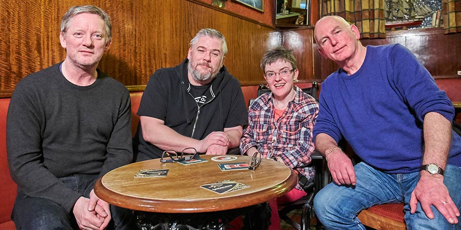 Orphans Reunited. Image shows from L to R: Douglas Henshall, Stephen McCole, Rosemarie Stevenson, Gary Lewis. Copyright: Hopscotch Films. Orphans Reunited. Image shows from L to R: Douglas Henshall, Stephen McCole, Rosemarie Stevenson, Gary Lewis. Copyright: Hopscotch Films.