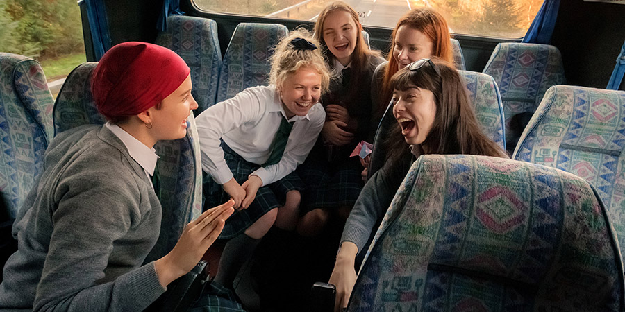 Our Ladies. Image shows from L to R: Orla (Tallulah Greive), Manda (Sally Messham), Finnoula (Abigail Lawrie), Chell (Rona Morison), Kylah (Marli Siu). Copyright: Columbia Pictures. Our Ladies. Image shows from L to R: Orla (Tallulah Greive), Manda (Sally Messham), Finnoula (Abigail Lawrie), Chell (Rona Morison), Kylah (Marli Siu). Copyright: Columbia Pictures.