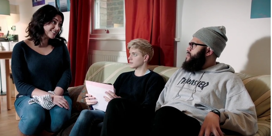 Outsiders. Image shows from L to R: Yasmine (Yasmine Akram), Mae (Mae Martin), Jamali (Jamali Maddix). Copyright: Citrus Television. Outsiders. Image shows from L to R: Yasmine (Yasmine Akram), Mae (Mae Martin), Jamali (Jamali Maddix). Copyright: Citrus Television.