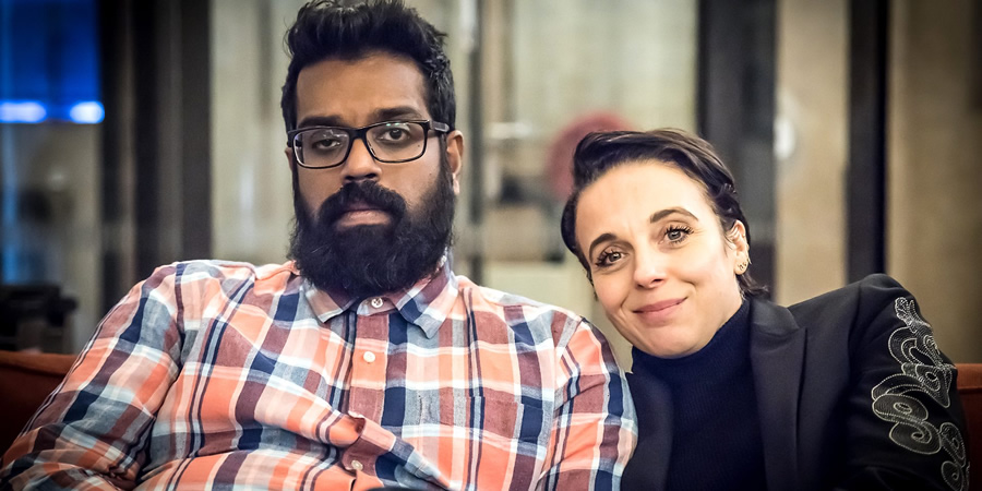 Parental Guidance. Image shows from L to R: Roshan Parera (Romesh Ranganathan), Kate Parera (Amanda Abbington). Copyright: BBC. Parental Guidance. Image shows from L to R: Roshan Parera (Romesh Ranganathan), Kate Parera (Amanda Abbington). Copyright: BBC.