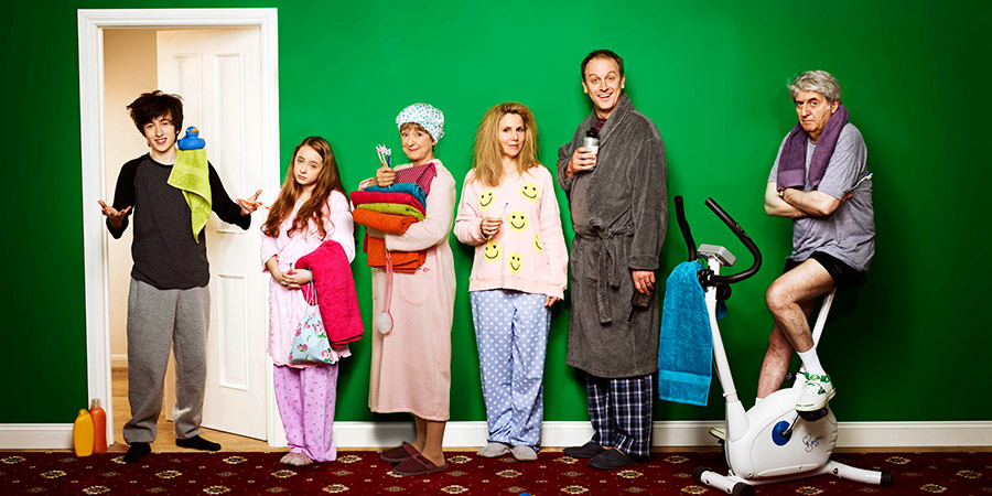 Parents. Image shows from L to R: Sam Pope (Christian Lees), Becky Pope (Jadie-Rose Hobson), Alma Miller (Susie Blake), Jenny Pope (Sally Phillips), Nick Pope (Darren Strange), Len Miller (Tom Conti). Copyright: Objective Productions. Parents. Image shows from L to R: Sam Pope (Christian Lees), Becky Pope (Jadie-Rose Hobson), Alma Miller (Susie Blake), Jenny Pope (Sally Phillips), Nick Pope (Darren Strange), Len Miller (Tom Conti). Copyright: Objective Productions.