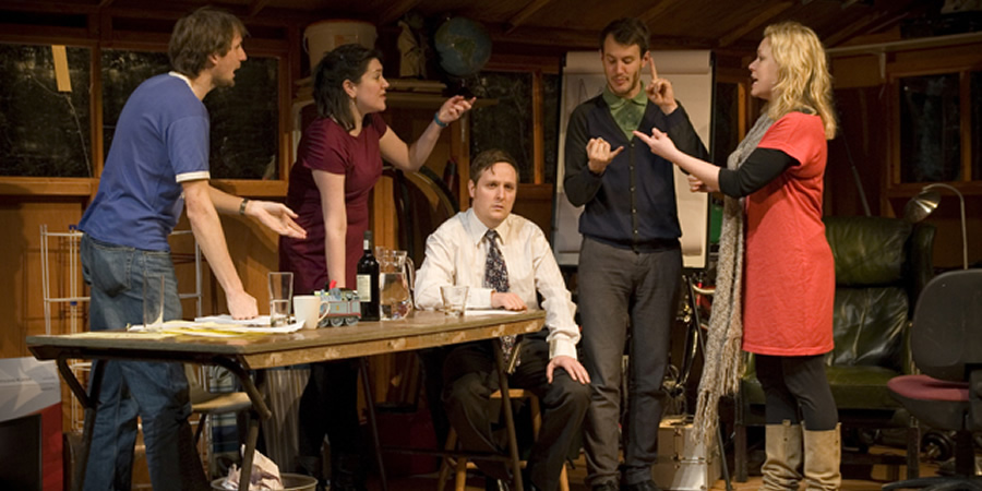 Party. Image shows from L to R: Simon (Tom Basden), Phoebe (Katy Wix), Duncan (Tim Key), Jared (Jonny Sweet), Mel (Anna Crilly). Copyright: BBC. Party. Image shows from L to R: Simon (Tom Basden), Phoebe (Katy Wix), Duncan (Tim Key), Jared (Jonny Sweet), Mel (Anna Crilly). Copyright: BBC.