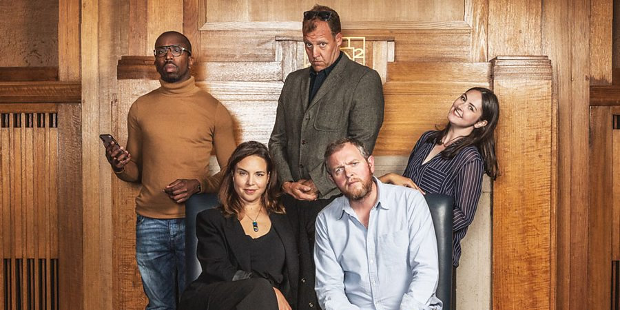 Party's Over. Image shows from L to R: Drew (Kiell Smith-Bynoe), Christine Tobin (Ingrid Oliver), Jones (Justin Edwards), Henry Tobin (Miles Jupp), Natalie (Emma Sidi). Copyright: BBC. Party's Over. Image shows from L to R: Drew (Kiell Smith-Bynoe), Christine Tobin (Ingrid Oliver), Jones (Justin Edwards), Henry Tobin (Miles Jupp), Natalie (Emma Sidi). Copyright: BBC.