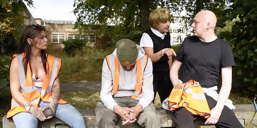 Paybackers. Image shows from L to R: Ellie (Sarah Hutchinson), Shrimpy (Lee McHale), Ms Bucktrout (Beverley Jacques), Goober (Liam Tulley). Paybackers. Image shows from L to R: Ellie (Sarah Hutchinson), Shrimpy (Lee McHale), Ms Bucktrout (Beverley Jacques), Goober (Liam Tulley).