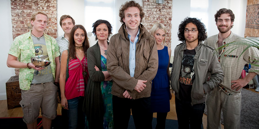 Pete Versus Life. Image shows from L to R: Kurt (Chris Geere), Rob (Joseph Kloska), Chloe (Susannah Fielding), Jen (Catherine Russell), Pete (Rafe Spall), Anna (Pippa Duffy), Ollie (Reece Ritchie), Jake (Daniel Ings). Copyright: Objective Productions. Pete Versus Life. Image shows from L to R: Kurt (Chris Geere), Rob (Joseph Kloska), Chloe (Susannah Fielding), Jen (Catherine Russell), Pete (Rafe Spall), Anna (Pippa Duffy), Ollie (Reece Ritchie), Jake (Daniel Ings). Copyright: Objective Productions.
