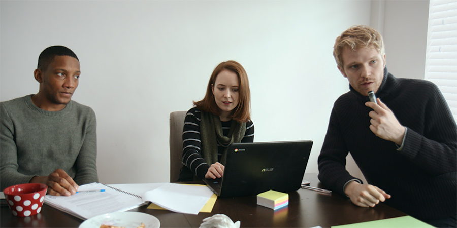 Petrichor. Image shows from L to R: Josh (Jason Forbes), Emma Fort (Celeste Dring), Alex Santini (Alexander Owen). Petrichor. Image shows from L to R: Josh (Jason Forbes), Emma Fort (Celeste Dring), Alex Santini (Alexander Owen).