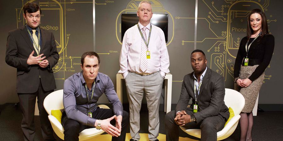 PhoneShop. Image shows from L to R: Christopher (Tom Bennett), Ashley (Andrew Brooke), Lance (Martin Trenaman), Jerwayne (Javone Prince), Janine (Emma Fryer). Copyright: Talkback. PhoneShop. Image shows from L to R: Christopher (Tom Bennett), Ashley (Andrew Brooke), Lance (Martin Trenaman), Jerwayne (Javone Prince), Janine (Emma Fryer). Copyright: Talkback.