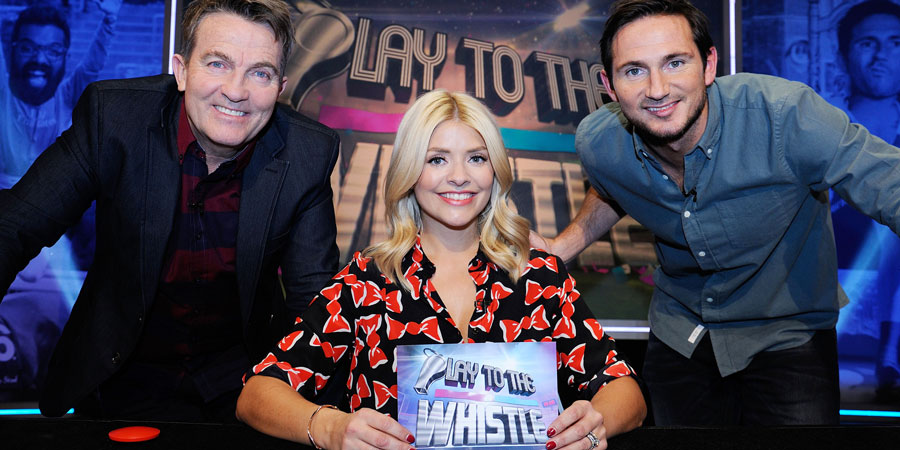Play To The Whistle. Image shows from L to R: Bradley Walsh, Holly Willoughby, Frank Lampard. Copyright: Hungry Bear Media. Play To The Whistle. Image shows from L to R: Bradley Walsh, Holly Willoughby, Frank Lampard. Copyright: Hungry Bear Media.