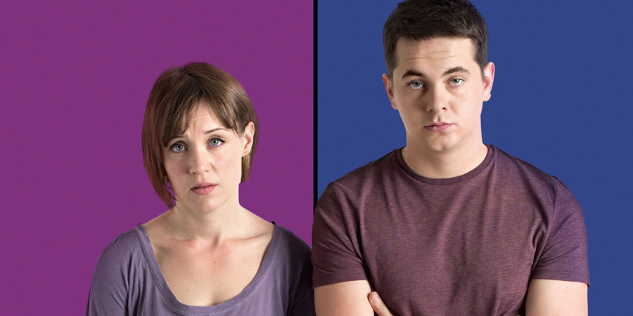 Pramface. Image shows from L to R: Laura Derbyshire (Scarlett Alice Johnson), Jamie Prince (Sean Michael Verey). Pramface. Image shows from L to R: Laura Derbyshire (Scarlett Alice Johnson), Jamie Prince (Sean Michael Verey).