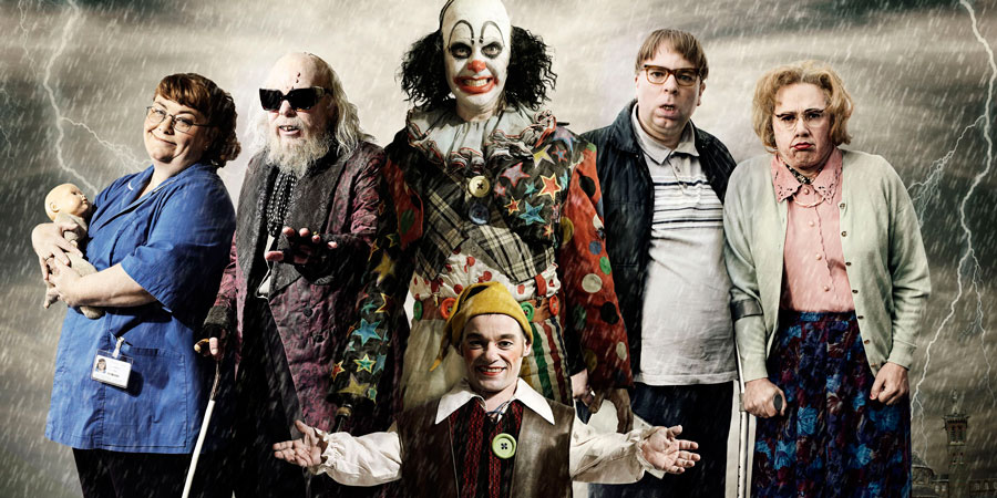 Psychoville. Image shows from L to R: Joy Aston (Dawn French), Oscar Lomax (Steve Pemberton), Robert Greenspan (Jason Tompkins), Mr Jelly (Reece Shearsmith), David Sowerbutts (Steve Pemberton), Maureen Sowerbutts (Reece Shearsmith). Copyright: BBC. Psychoville. Image shows from L to R: Joy Aston (Dawn French), Oscar Lomax (Steve Pemberton), Robert Greenspan (Jason Tompkins), Mr Jelly (Reece Shearsmith), David Sowerbutts (Steve Pemberton), Maureen Sowerbutts (Reece Shearsmith). Copyright: BBC.