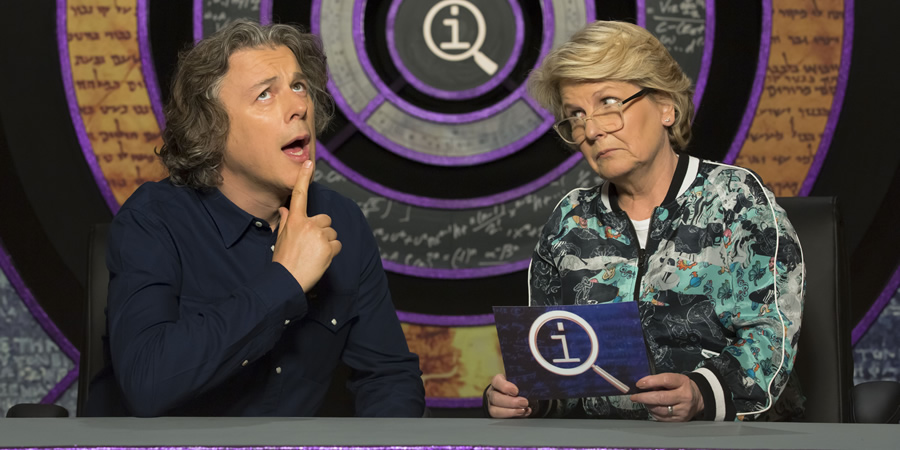 QI. Image shows from L to R: Alan Davies, Sandi Toksvig. Copyright: TalkbackThames. QI. Image shows from L to R: Alan Davies, Sandi Toksvig. Copyright: TalkbackThames.