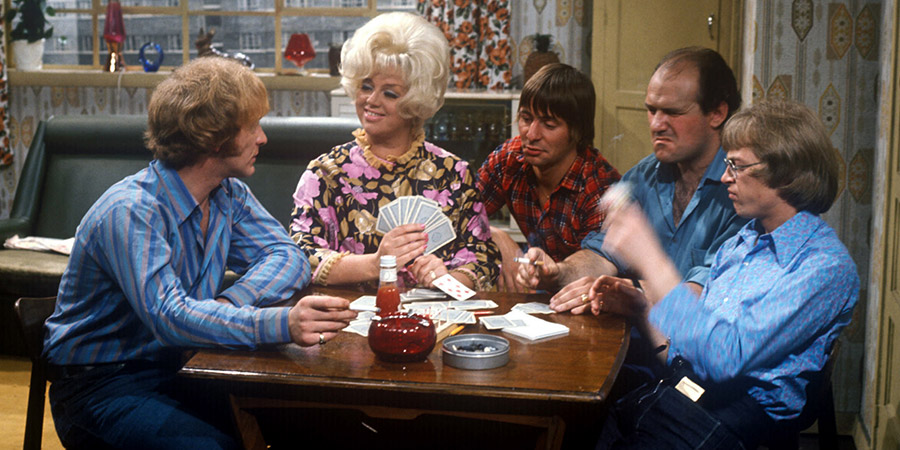 Queenie's Castle. Image shows from L to R: Raymond Shepherd (Freddie Fletcher), Queenie Shepherd (Diana Dors), Douglas Fairbanks Shepherd (Barrie Rutter), Jack Shepherd (Tony Caunter), Bernard 'Bunny' Shepherd (Brian Marshall). Copyright: Yorkshire Television. Queenie's Castle. Image shows from L to R: Raymond Shepherd (Freddie Fletcher), Queenie Shepherd (Diana Dors), Douglas Fairbanks Shepherd (Barrie Rutter), Jack Shepherd (Tony Caunter), Bernard 'Bunny' Shepherd (Brian Marshall). Copyright: Yorkshire Television.