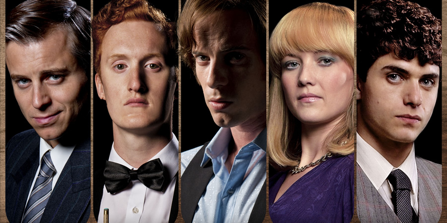 The Rack Pack. Image shows from L to R: Barry Hearn (Kevin Bishop), Steve Davis (Will Merrick), Alex Higgins (Luke Treadaway), Lynn Higgins (Nichola Burley), Jimmy White (James Bailey). Copyright: Zeppotron. The Rack Pack. Image shows from L to R: Barry Hearn (Kevin Bishop), Steve Davis (Will Merrick), Alex Higgins (Luke Treadaway), Lynn Higgins (Nichola Burley), Jimmy White (James Bailey). Copyright: Zeppotron.